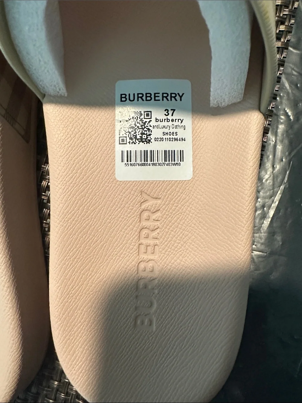 Burberry Pale Pink and Beige Check Slide Sandals